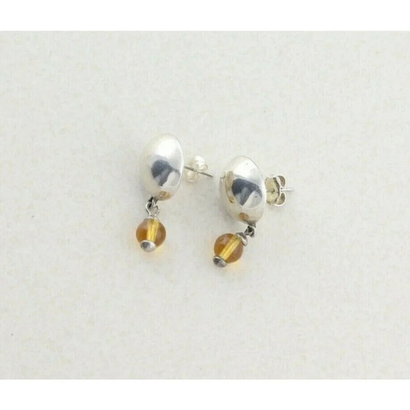 Sterling Silver Button Earrings with Yellow Glass Bead Dangle Drop Earrings - Picture 6 of 7